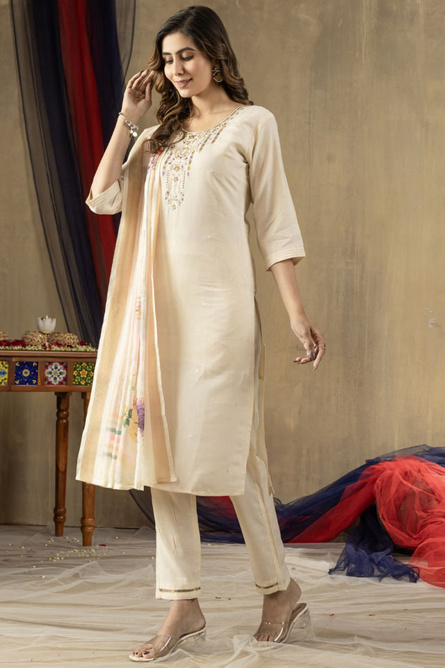 Off White Floral Embroidered Silk Kurti Pant Set (iva-109-OffWhite)