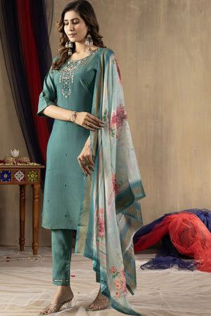 Green Floral Embroidered Silk Kurti Pant Set (iva-109-RamaGreen)