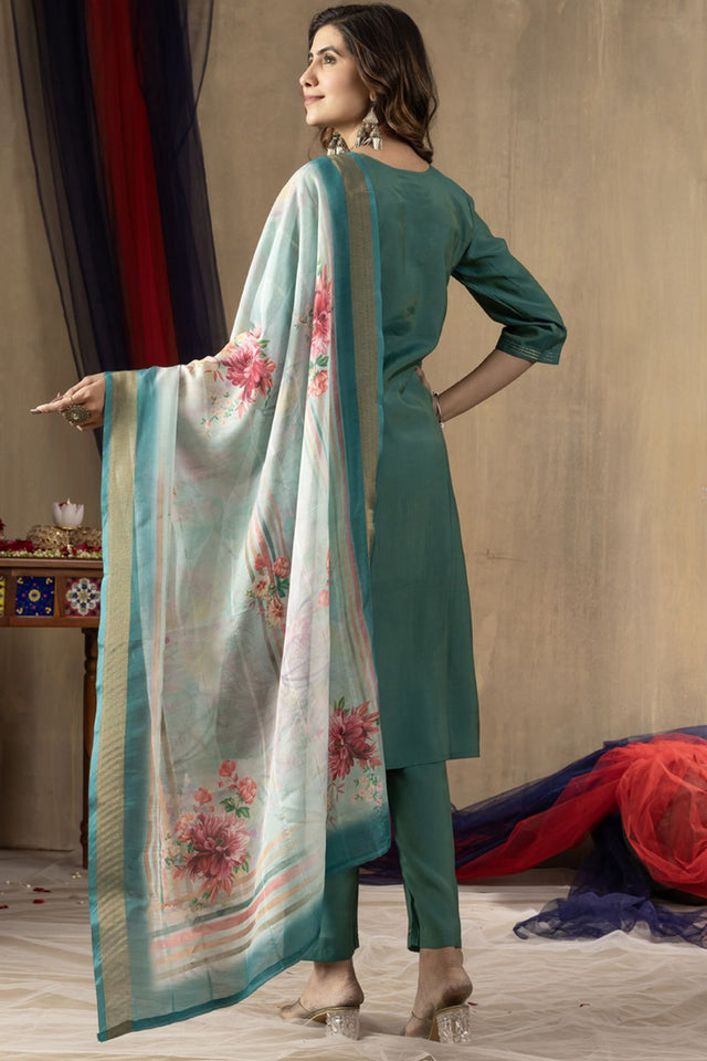 Green Floral Embroidered Silk Kurti Pant Set (iva-109-RamaGreen)