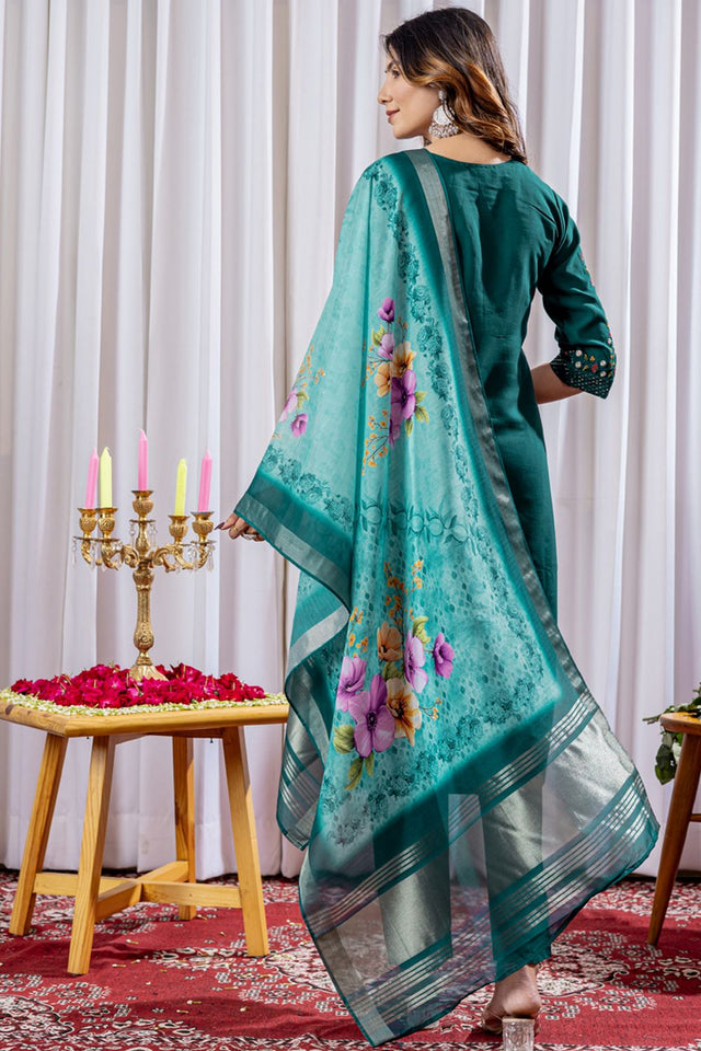 Green Floral Embroidered Viscose Kurti Pant Set (iva-111-Green)