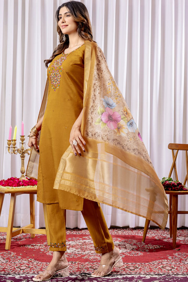 Mustard Floral Embroidered Viscose Kurti Pant Set (iva-111-Mustard)