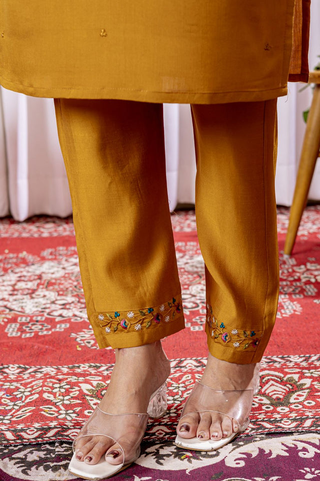 Mustard Floral Embroidered Viscose Kurti Pant Set (iva-111-Mustard)