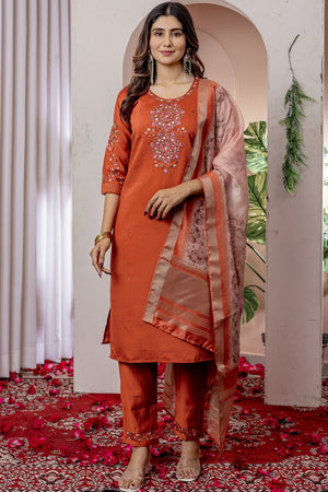Orange Floral Embroidered Viscose Kurti Pant Set (iva-111-Orange)