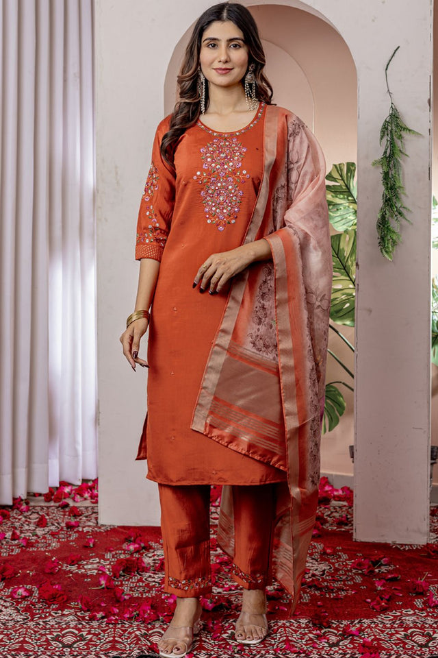 Orange Floral Embroidered Viscose Kurti Pant Set (iva-111-Orange)