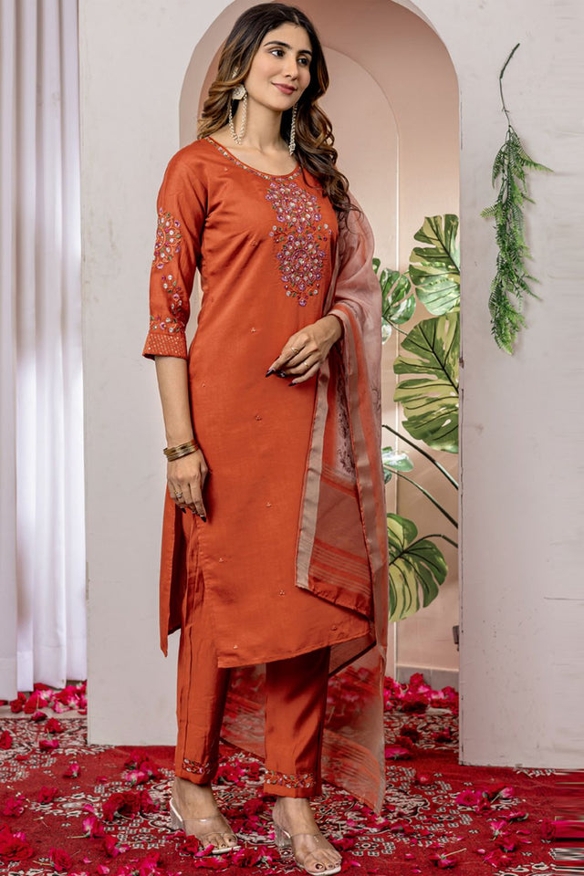 Orange Floral Embroidered Viscose Kurti Pant Set (iva-111-Orange)