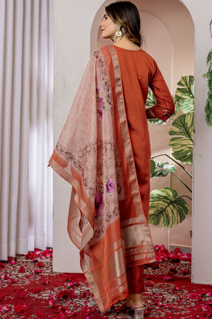 Orange Floral Embroidered Viscose Kurti Pant Set (iva-111-Orange)