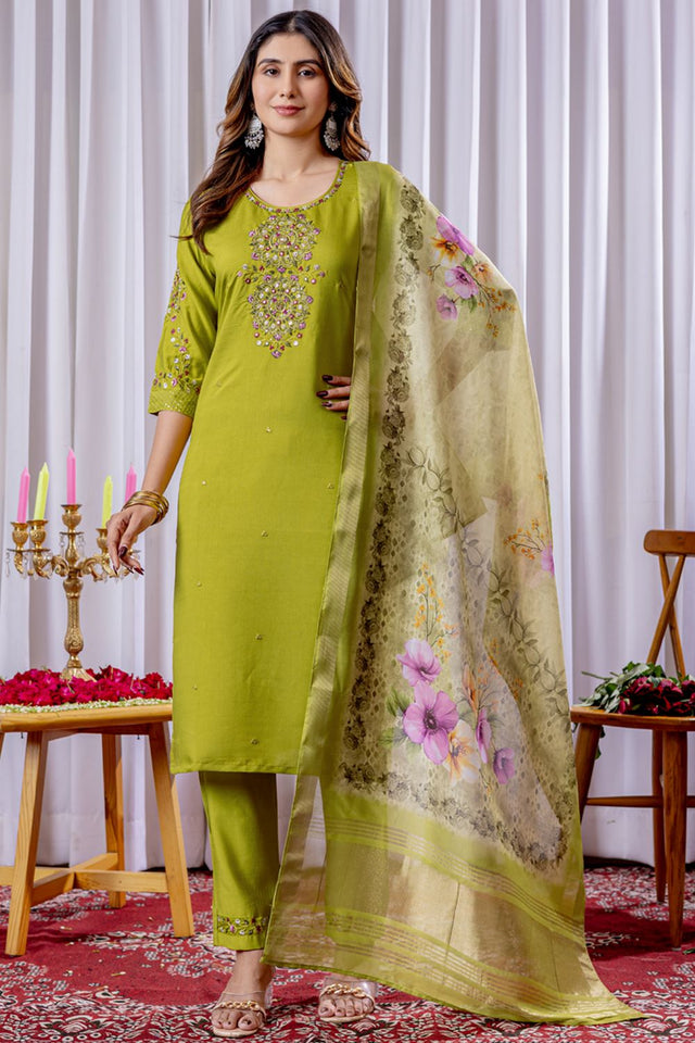 Dark Green Floral Embroidered Viscose Kurti Pant Set (iva-111-ParrotGreen)