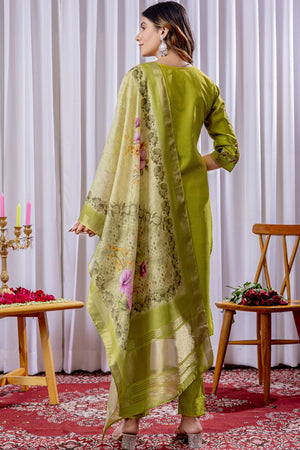 Dark Green Floral Embroidered Viscose Kurti Pant Set (iva-111-ParrotGreen)