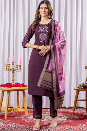 Wine Floral Embroidered Viscose Kurti Pant Set (iva-111-Wine)
