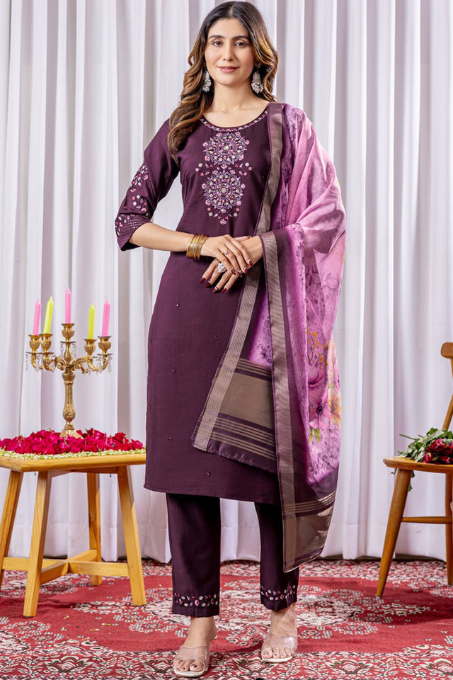 Wine Floral Embroidered Viscose Kurti Pant Set (iva-111-Wine)