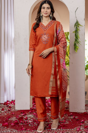 Orange Floral Embroidered Viscose Kurti Pant Set (iva-112-Orange)