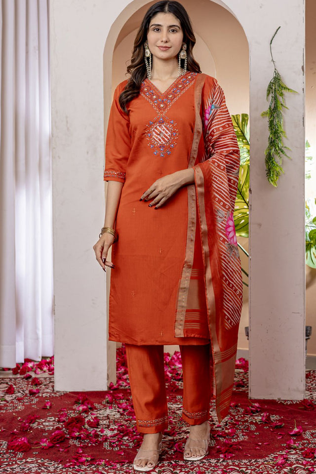 Orange Floral Embroidered Viscose Kurti Pant Set (iva-112-Orange)