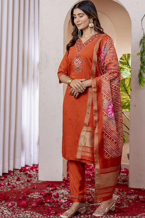 Orange Floral Embroidered Viscose Kurti Pant Set (iva-112-Orange)