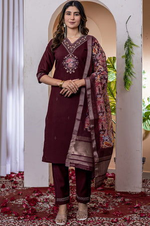 Wine Floral Embroidered Viscose Kurti Pant Set (iva-112-Wine)