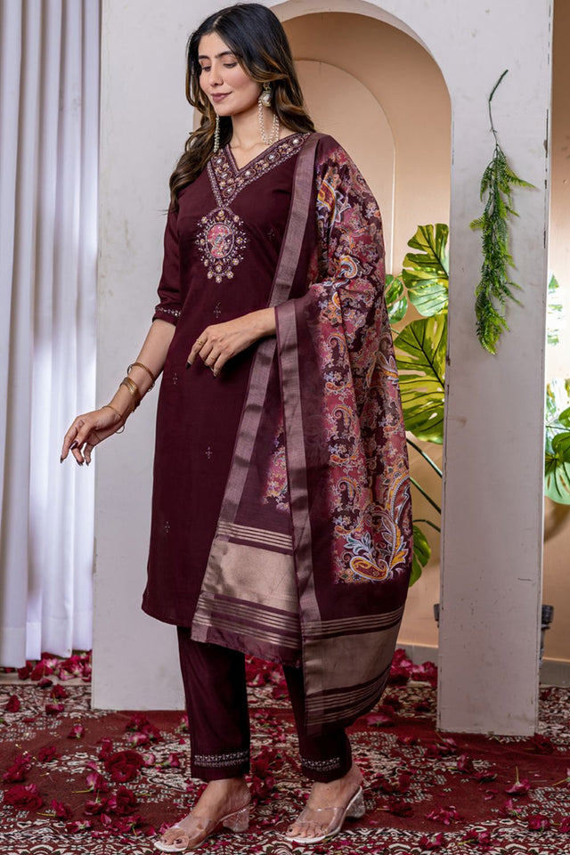 Wine Floral Embroidered Viscose Kurti Pant Set (iva-112-Wine)