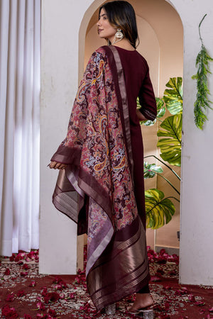 Wine Floral Embroidered Viscose Kurti Pant Set (iva-112-Wine)