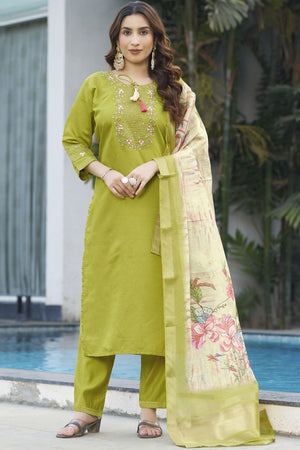 Dark Green Floral Embroidered Viscose Kurti Pant Set (iva-115-ParrotGreen)