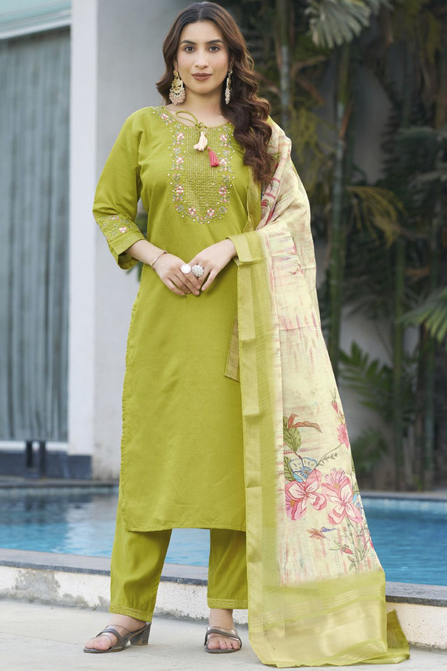 Dark Green Floral Embroidered Viscose Kurti Pant Set (iva-115-ParrotGreen)