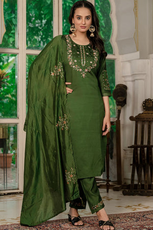 Dark Green Floral Embroidered Silk Kurti Pant Set (iva-116-MahendiGreen)