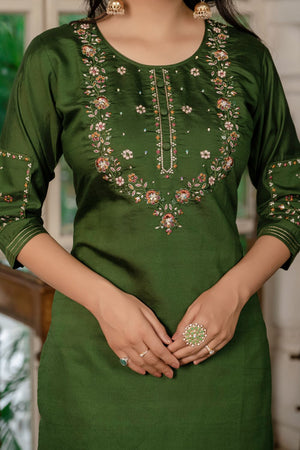Dark Green Floral Embroidered Silk Kurti Pant Set (iva-116-MahendiGreen)
