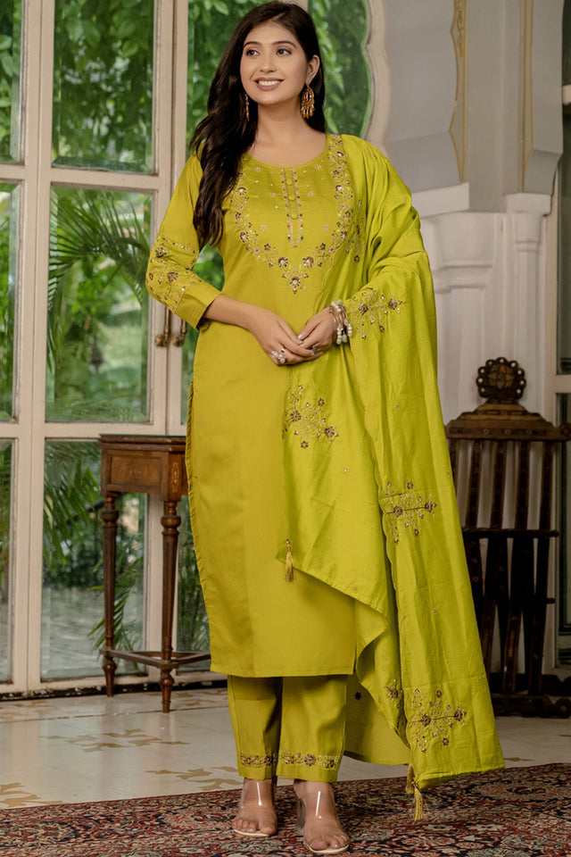 Mustard Floral Embroidered Silk Kurti Pant Set (iva-116-Mustard)
