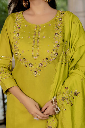 Mustard Floral Embroidered Silk Kurti Pant Set (iva-116-Mustard)