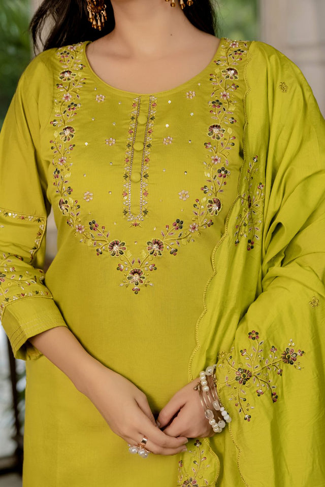 Mustard Floral Embroidered Silk Kurti Pant Set (iva-116-Mustard)