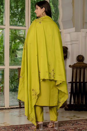 Mustard Floral Embroidered Silk Kurti Pant Set (iva-116-Mustard)