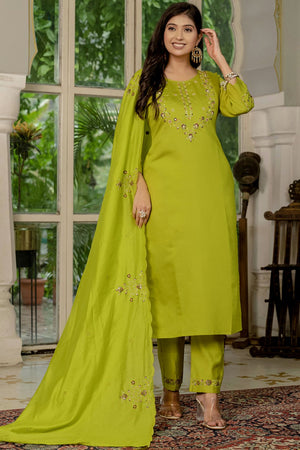 Dark Green Floral Embroidered Silk Kurti Pant Set (iva-116-ParrotGreen)