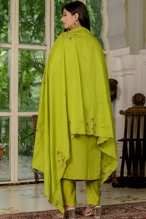 Dark Green Floral Embroidered Silk Kurti Pant Set (iva-116-ParrotGreen)