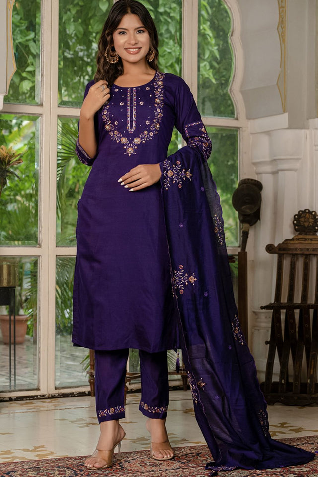 Violet Floral Embroidered Silk Kurti Pant Set (iva-116-Violet)