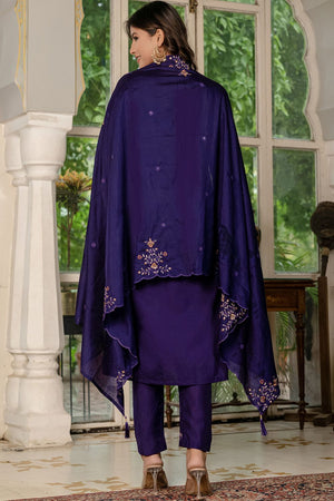 Violet Floral Embroidered Silk Kurti Pant Set (iva-116-Violet)