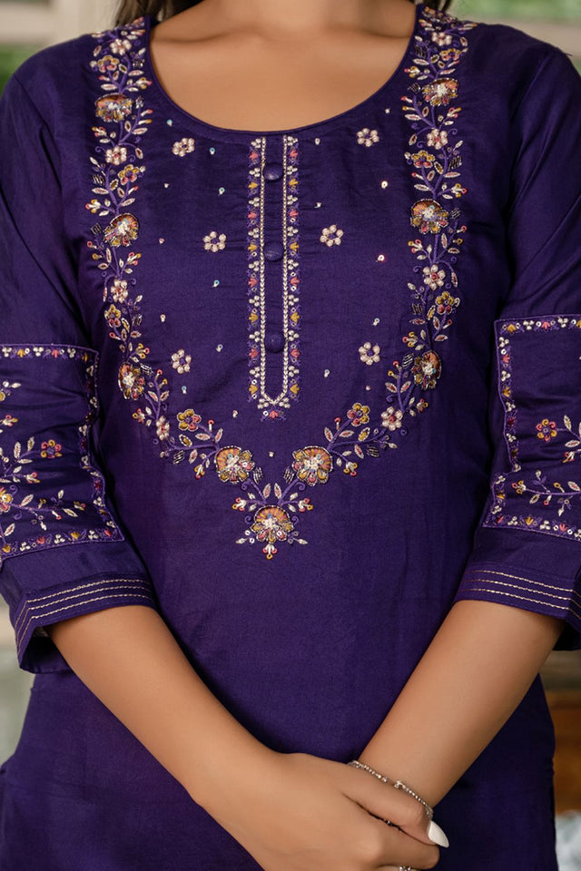 Violet Floral Embroidered Silk Kurti Pant Set (iva-116-Violet)