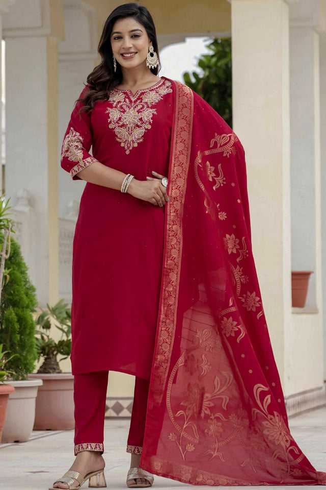 Maroon Sequin with Embroidered Silk Kurti Pant Set (iva-121-Maroon)