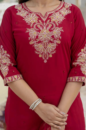 Maroon Sequin with Embroidered Silk Kurti Pant Set (iva-121-Maroon)