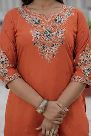 Orange Sequin with Embroidered Silk Kurti Pant Set (iva-121-Orange)