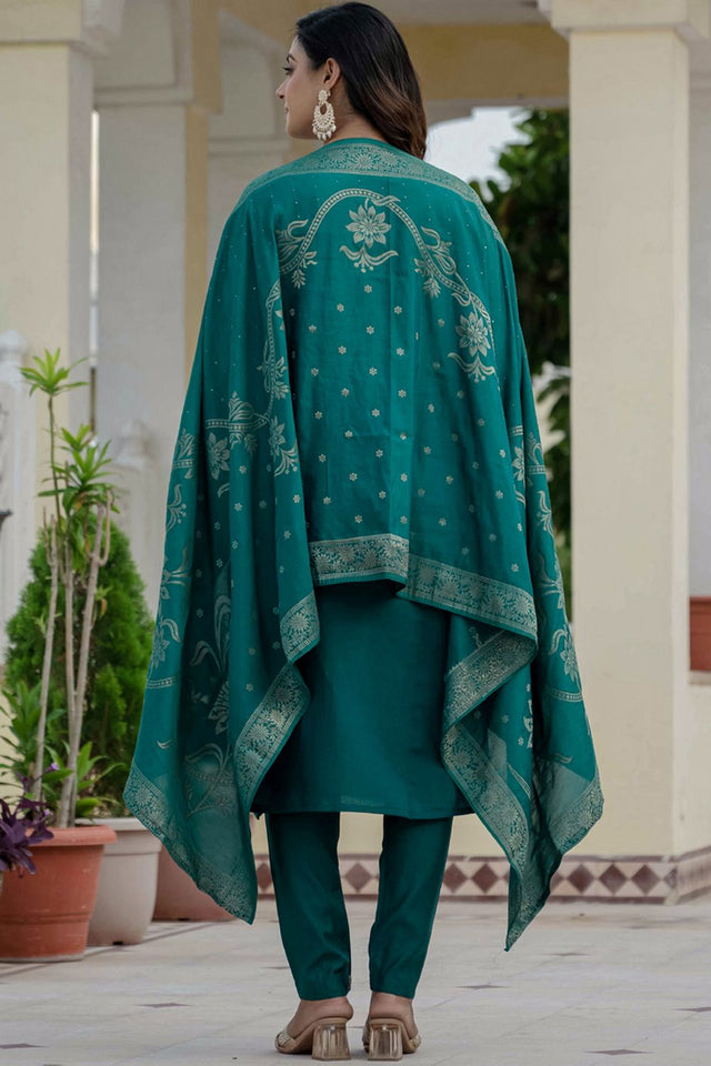Green Sequin with Embroidered Silk Kurti Pant Set (iva-121-RamaGreen)