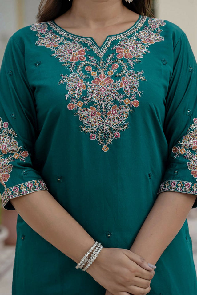 Green Sequin with Embroidered Silk Kurti Pant Set (iva-121-RamaGreen)