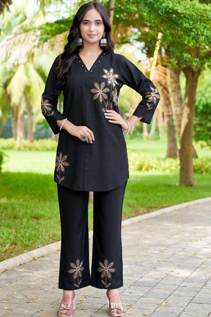 Black Floral Embroidered Rayon Co-Ord Set (iva-122-Black)