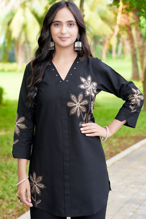 Black Floral Embroidered Rayon Co-Ord Set (iva-122-Black)