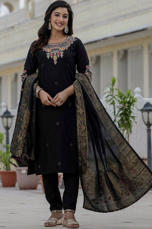 Black Sequin with Embroidered Silk Kurti Pant Set (iva-125-Black)