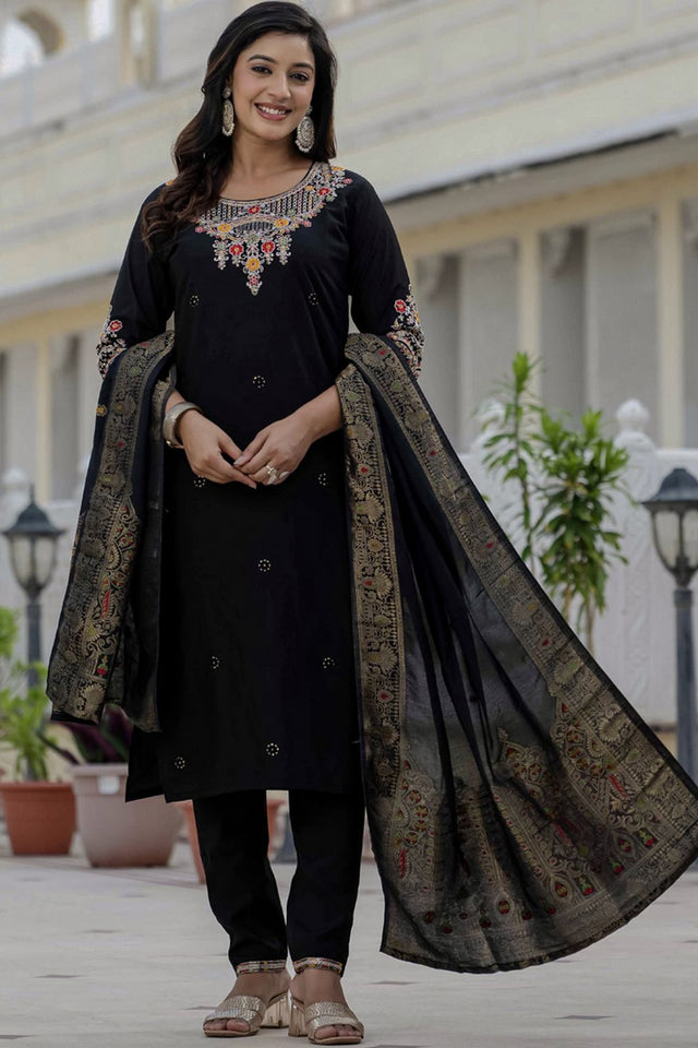 Black Sequin with Embroidered Silk Kurti Pant Set (iva-125-Black)