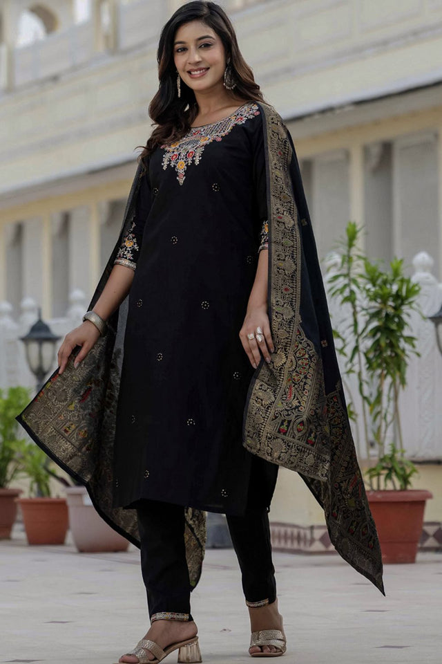 Black Sequin with Embroidered Silk Kurti Pant Set (iva-125-Black)