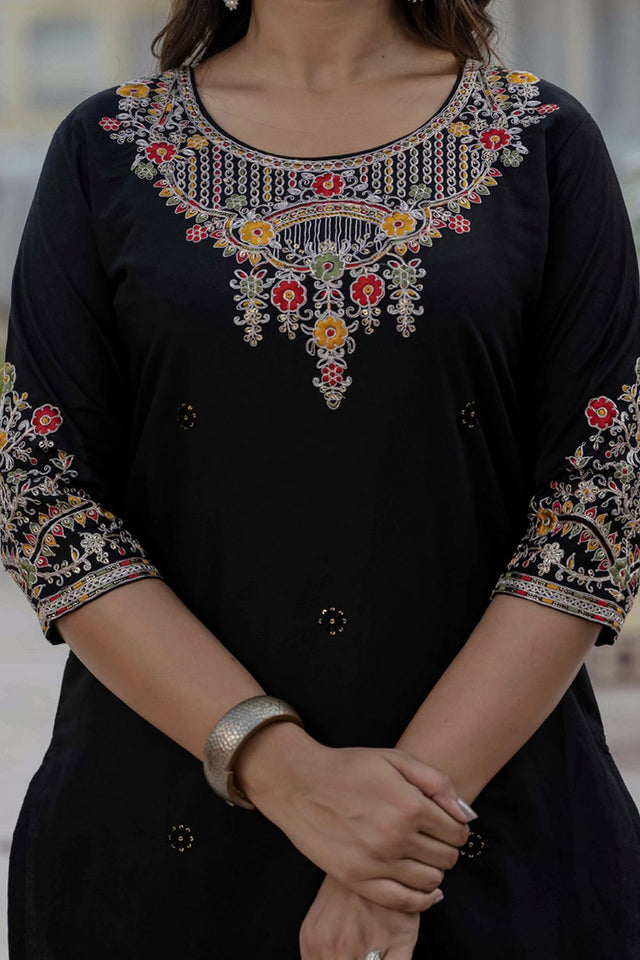 Black Sequin with Embroidered Silk Kurti Pant Set (iva-125-Black)