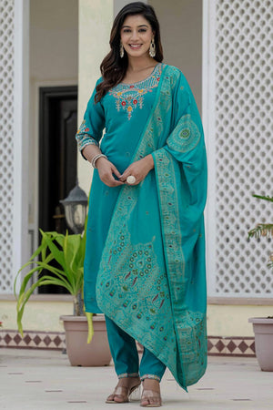 Turquoise Sequin with Embroidered Silk Kurti Pant Set (iva-125-Firozi)