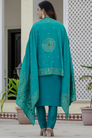 Turquoise Sequin with Embroidered Silk Kurti Pant Set (iva-125-Firozi)