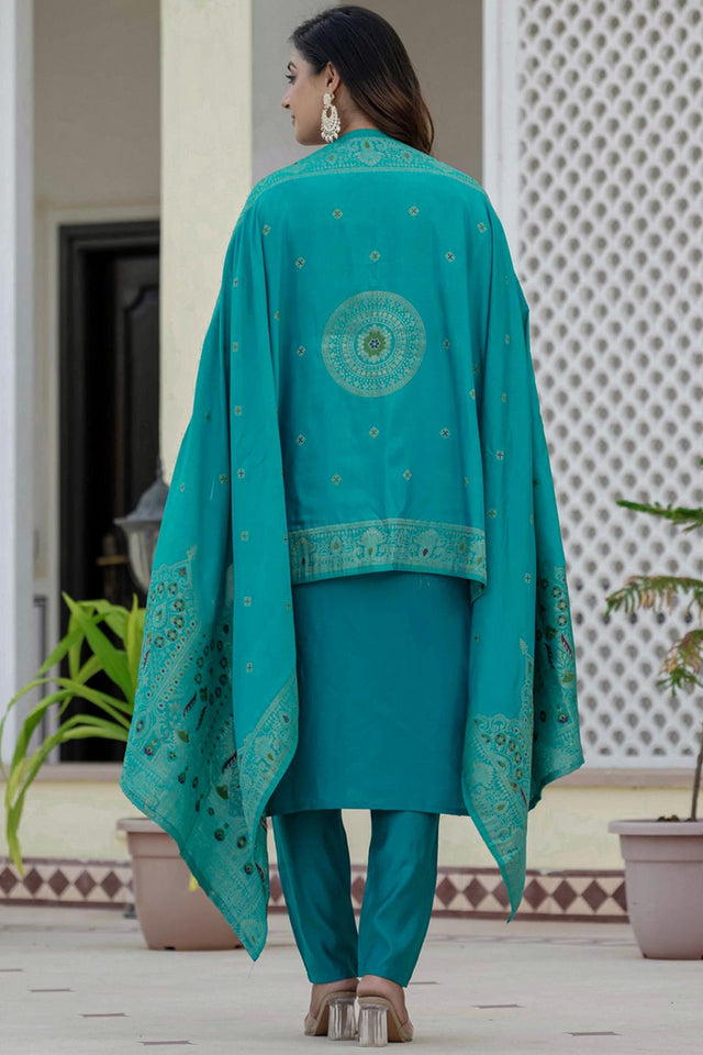 Turquoise Sequin with Embroidered Silk Kurti Pant Set (iva-125-Firozi)
