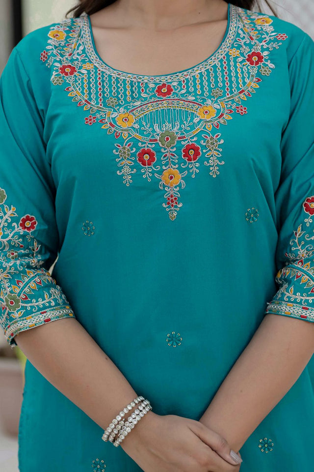 Turquoise Sequin with Embroidered Silk Kurti Pant Set (iva-125-Firozi)