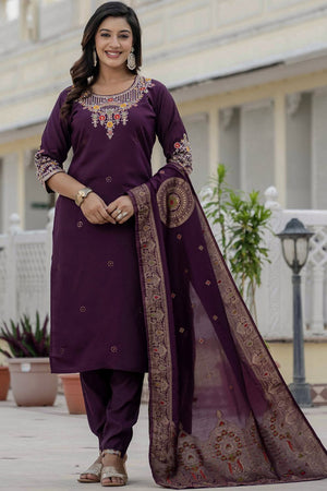 Wine Sequin with Embroidered Silk Kurti Pant Set (iva-125-Wine)