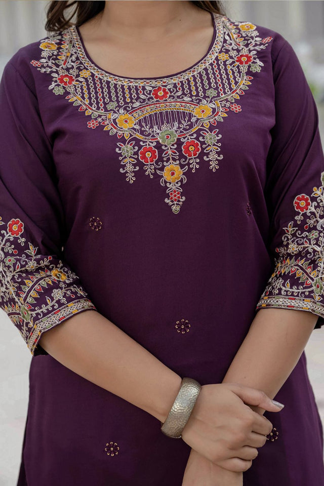 Wine Sequin with Embroidered Silk Kurti Pant Set (iva-125-Wine)